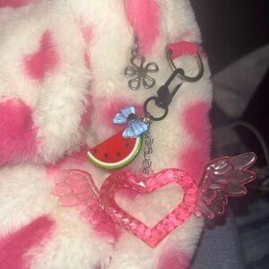 NEW Pink Heart Wing Keychain with Watermelon and Bow charms